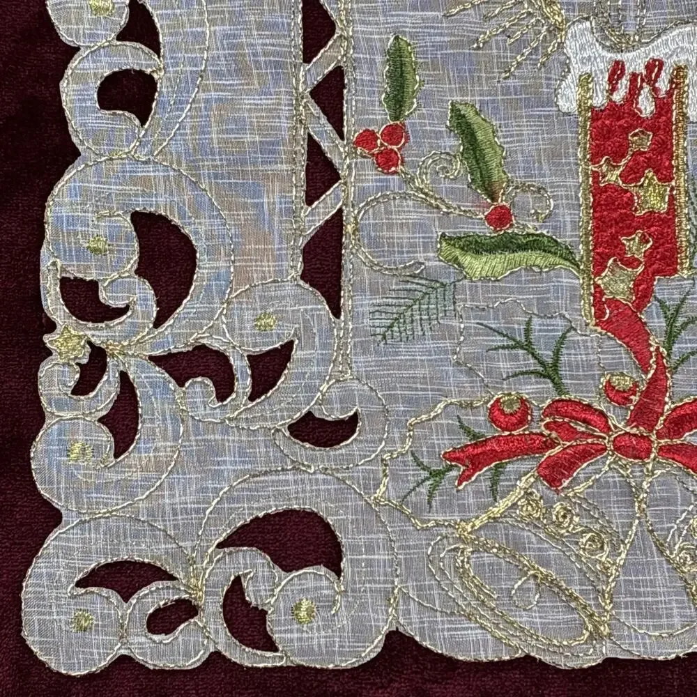 Holiday Christmas Candle Placemat Table Cloth Runner White 15x34